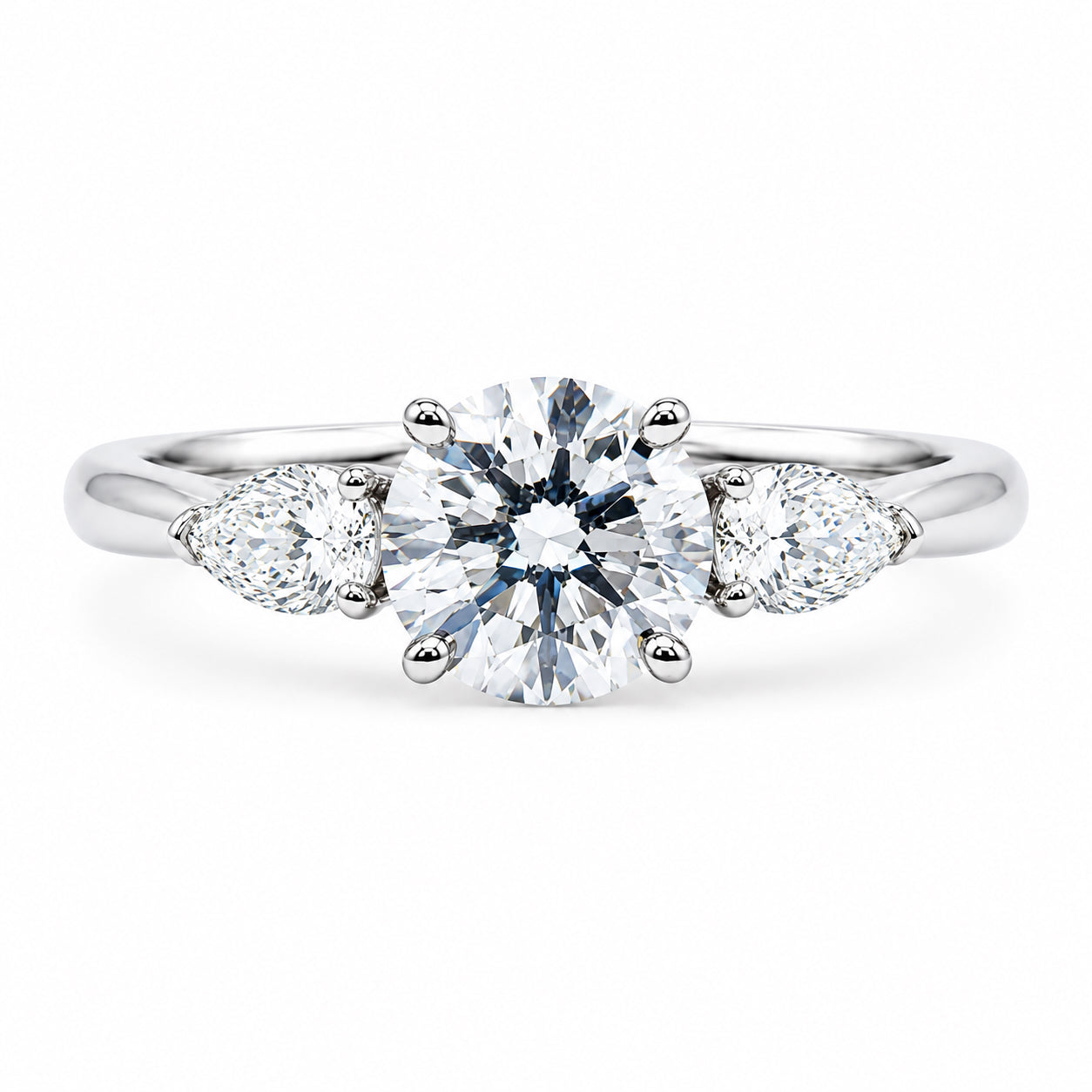 Round Brilliant Cut Three Stone Diamond Engagement Ring with Pear on Sides - RDTR01