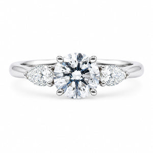 Round Brilliant Cut Three Stone Diamond Engagement Ring with Pear on Sides - RDTR01