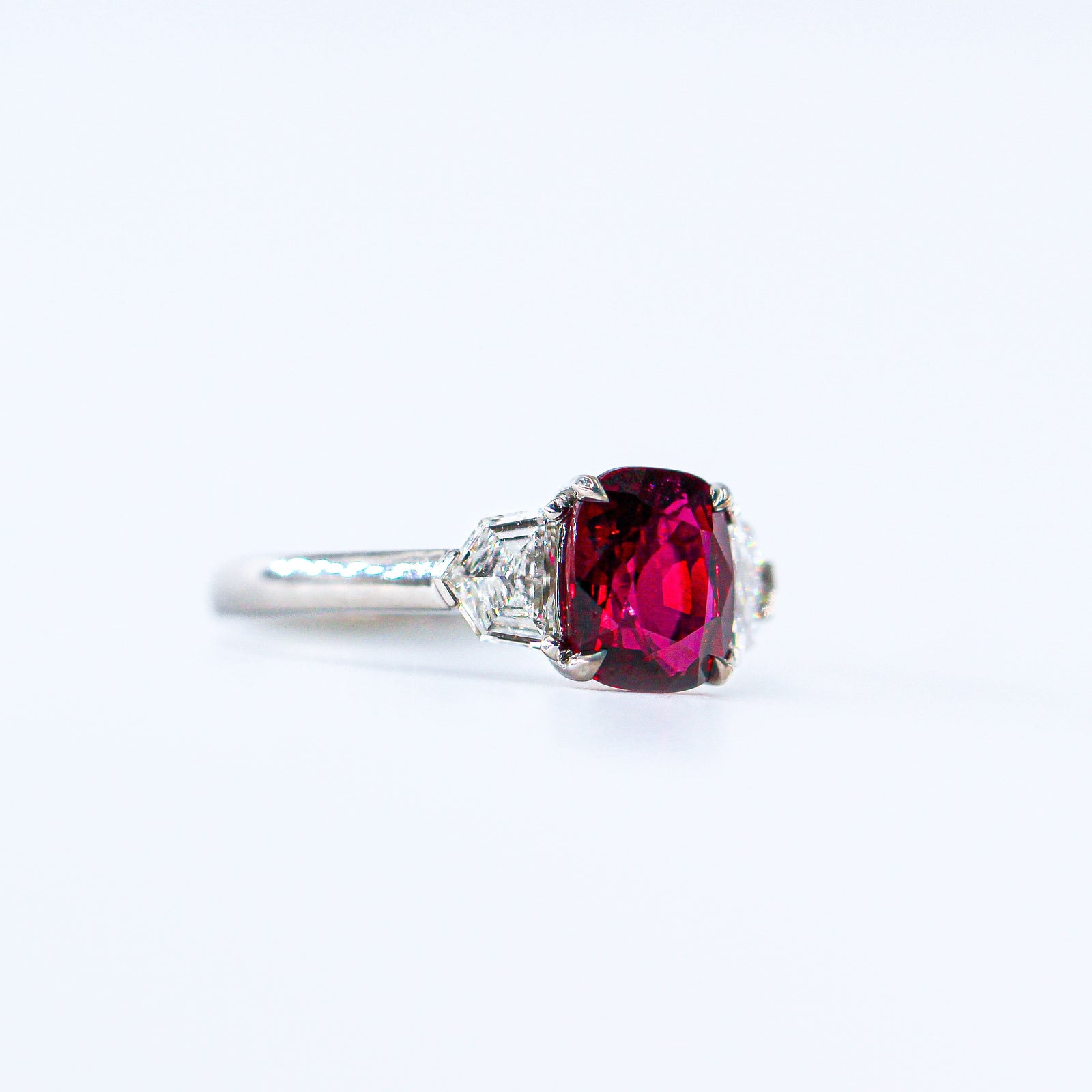 Cushion cut Ruby three stone diamond rings perth wholesale price