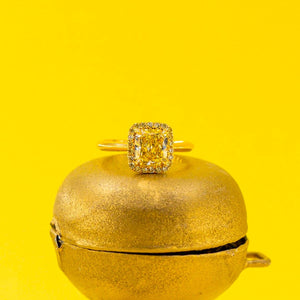 Cushion cut Vivid yellow diamond halo engagement rings Brisbane for sale