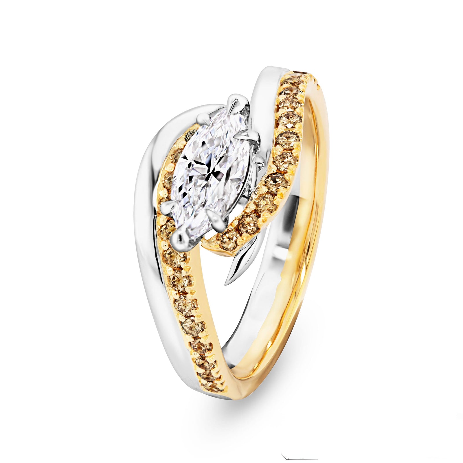 Marquise-Cut White and Champagne Diamond Two-Tone Ring - EDJR015/042