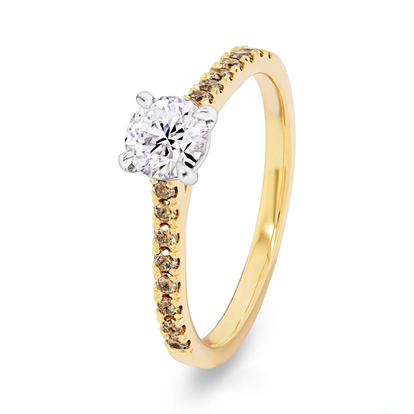 White and Champagne Diamond Yellow Gold Solitaire Ring - EDJR041