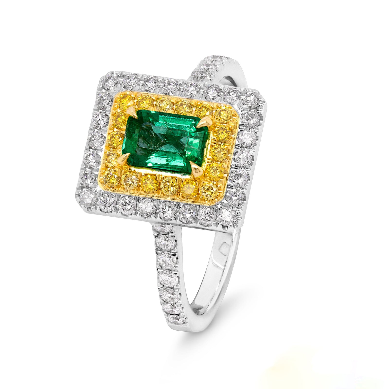 Emerald and Fancy Yellow Diamond Halo Ring - EDJR002