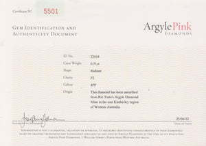 0.51ct Radiant shape 4PP Fancy Vivid Purplish Pink Certified Australian Pink Diamond, ARG08
