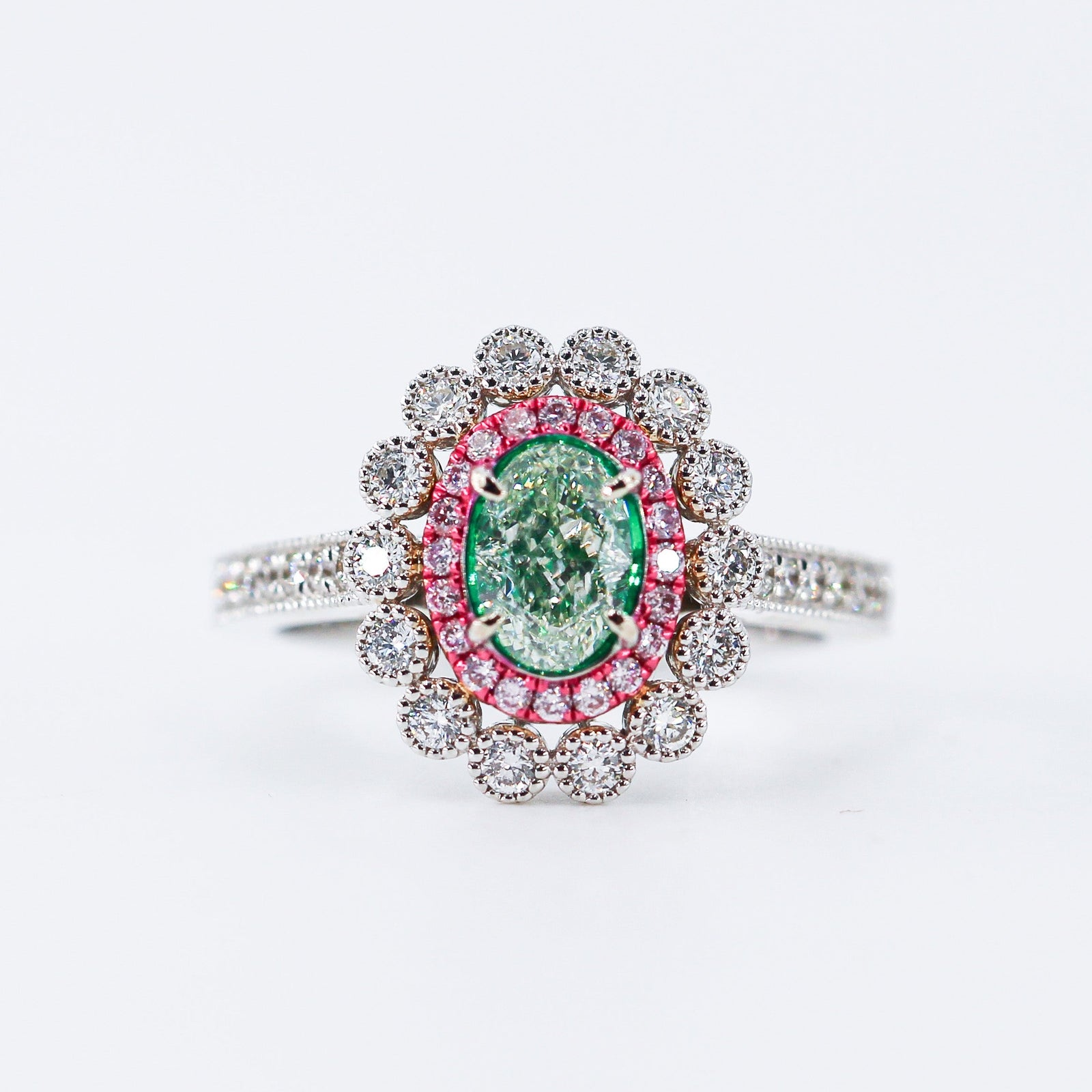 Oval cut Fancy Green Diamond Halo Engagement rings Brisbane Luxury jewelry