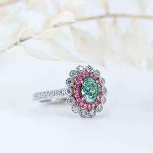 Oval cut Fancy Green Diamond Halo Engagement rings Brisbane Luxury jewelry