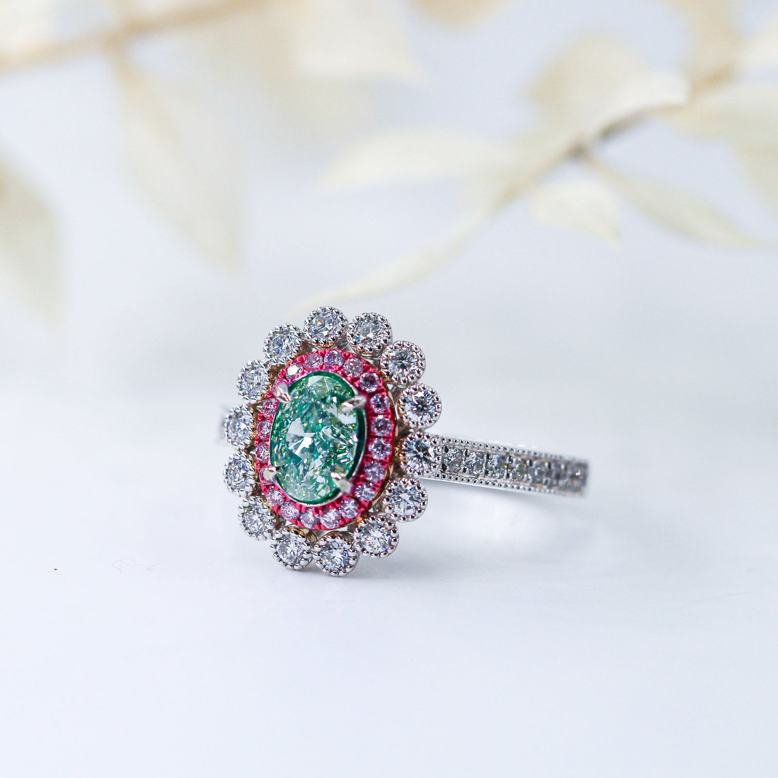 Oval cut Fancy Green Diamond Halo Engagement rings Brisbane Luxury jewelry