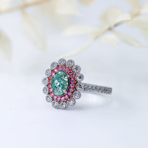 Oval cut Fancy Green Diamond Halo Engagement rings Brisbane Luxury jewelry