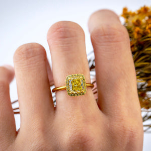 Cushion cut Vivid yellow diamond halo engagement rings Brisbane for sale
