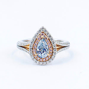 Pear shape fancy intense blue diamond halo rings melbourne for sale